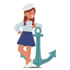 Young Girl Character In A Sailor Costume Leans Gracefully Against An Anchor, Her Eyes Bright With Innocence And Wonder