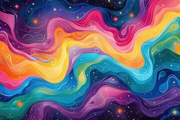 Energetic, colorful swirls in shades of pink, blue, green, purple, yellow, and orange create a captivating abstract pattern on a starry backdrop. - obrazy, fototapety, plakaty