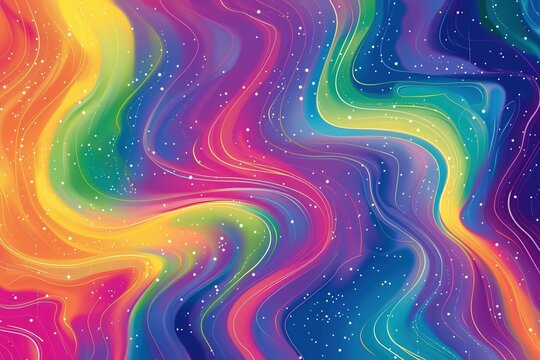 Energetic, colorful swirls in shades of pink, blue, green, purple, yellow, and orange create a captivating abstract pattern on a starry backdrop.