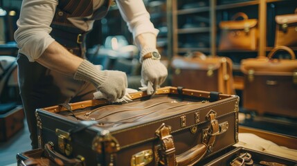Luxurious and large suitcase being cleaned by a professional, focusing on high-end travel gear maintenance - obrazy, fototapety, plakaty