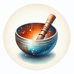 Tibetan singing bowl. Watercolor drawing. A round icon with a Tibetan singing bowl. Drawing with watercolor. 