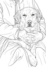 A realistic drawing of a man standing while gently holding a small dog in his arms