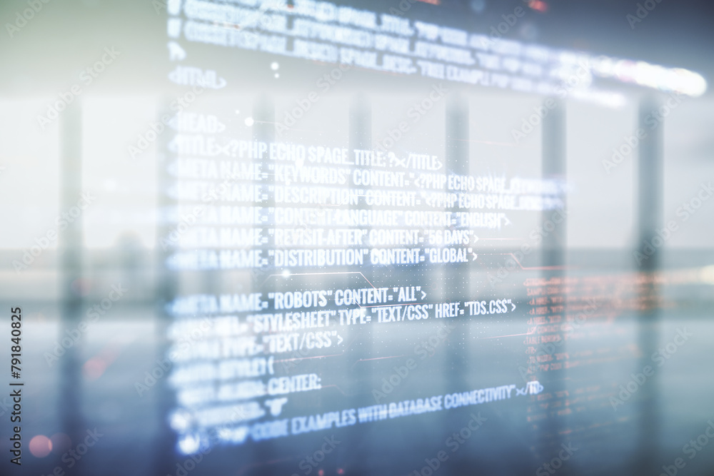 Aufkleber multi exposure of abstract creative coding sketch on empty corporate office background, artificial i