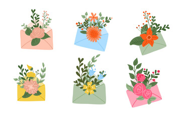 Set of abstract floral compositions with envelopes. Flat hand drawn colored elements on white background. Unique print design for printout, poster, stickers