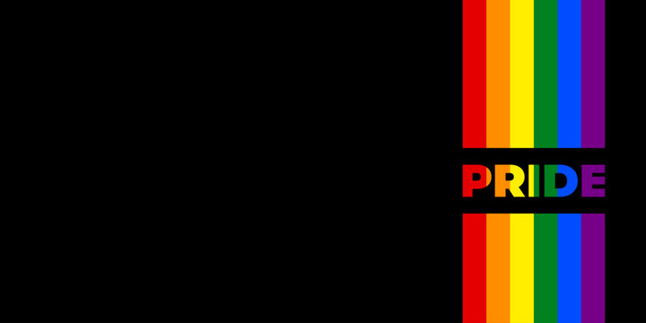 Black background with vertical rainbow. A rainbow stripes with the word "Pride" on a black background. The Pride flag. Celebrating LGBTQ identities. Abstract banner for the month of Pride. Vector
