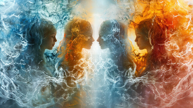 Silhouettes of four faces set against a vibrant display of fire, water, and airy elements