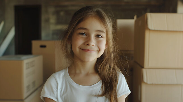 A cute happy little girl infront of moving boxes. Moving house or apartment with happy. concepts of relocation with child, packing for house removals. 