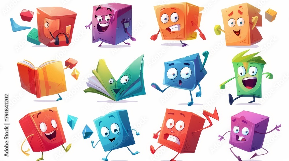 Aufkleber a cartoon character with a rectangular parallelepiped or cuboid shape holding a book, reading an ide