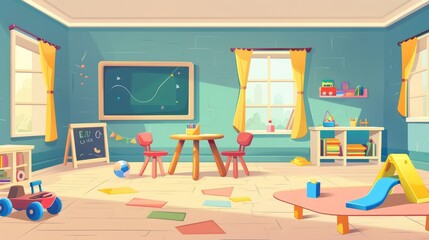 Playroom for Montessori kindergarten with table, chairs, blackboard and toys. Nursery room interior in kids daycare center with wooden furniture and toys, modern illustration.