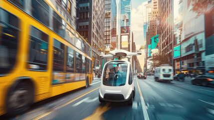 A driverless car navigates through a city, passing a yellow bus on a bustling avenue as evening approaches