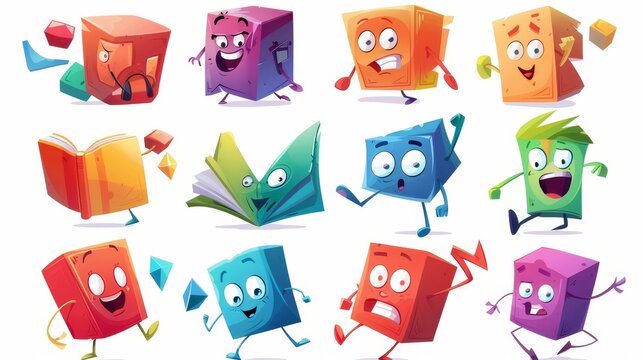A cartoon character with a rectangular parallelepiped or cuboid shape holding a book, reading an idea, running, searching for information, thinking, and a funny creature for kids.