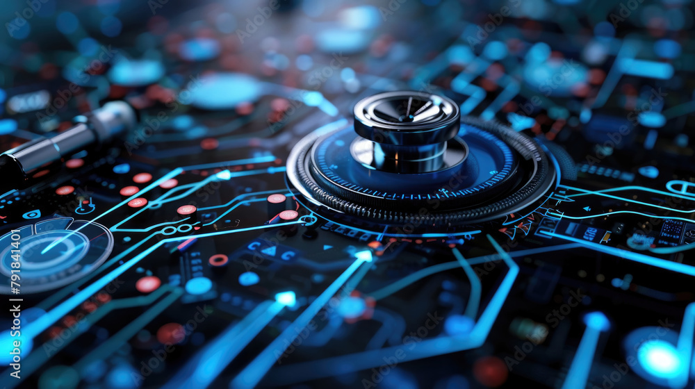 Poster a stethoscope placed on top of a computer chip, representing the intersection of technology and heal