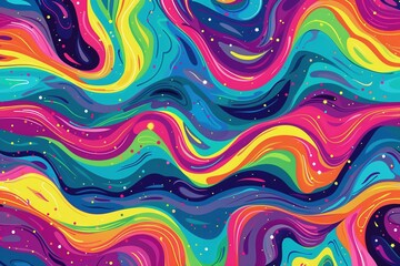 A mesmerizing abstract pattern featuring swirling waves in vibrant pink, blue, green, purple, yellow, and orange, with a magical starry background.