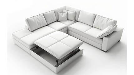 Modern corner convertible sofa bed in white upholstery, featuring hidden storage compartments, minimalist style, isolated on white background