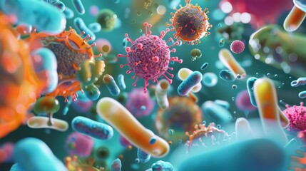 abstract bacteria and viruses in various shapes colorful microbiology background 3d illustration - obrazy, fototapety, plakaty