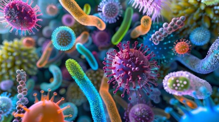 Fototapeta na wymiar abstract bacteria and viruses in various shapes colorful microbiology background 3d illustration