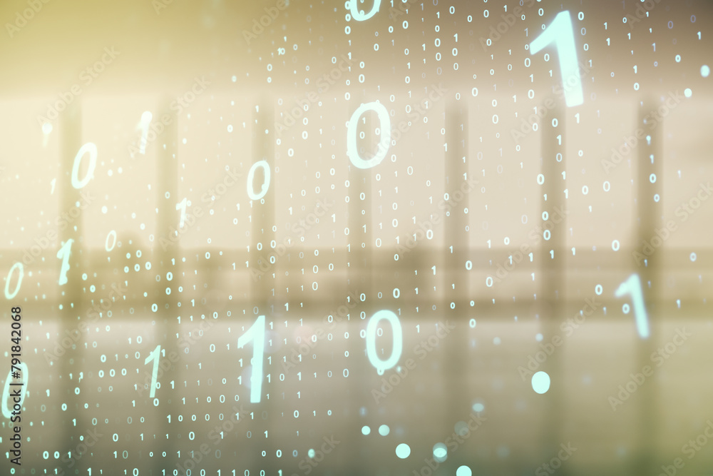 Leinwandbilder abstract virtual binary code sketch on empty classroom background, hacking and matrix concept. multi