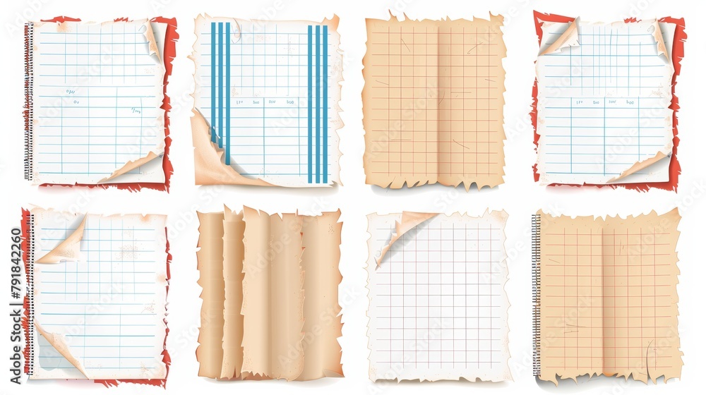 Poster torn notebook sheets with square grid pattern and striped pattern. old blank notepad pages and copyb