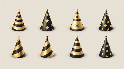 Foto auf Alu-Dibond Carton cones for celebrations Realistic 3d modern icons set with party hats, birthday caps, polka dots, stars, waves, spirals, hearts, scales, or harlequin rhombus patterns. © Mark
