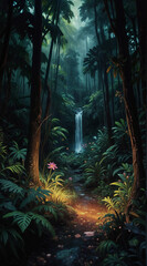 A scenic hiking trail winding through lush tropical rainforest, with towering trees, exotic flowers, and cascading waterfalls
