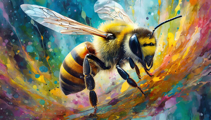 A colorful painting of a bee with its wings spread out - obrazy, fototapety, plakaty