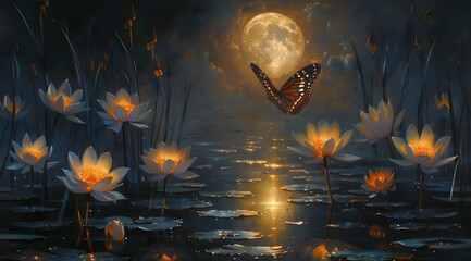 Moonlit Whispers: Glowing Wings and Shimmering Petals in Midnight's Garden