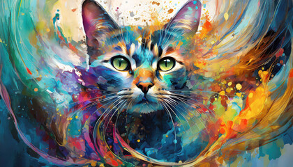 A colorful cat with a green eye is the main focus of the painting - obrazy, fototapety, plakaty