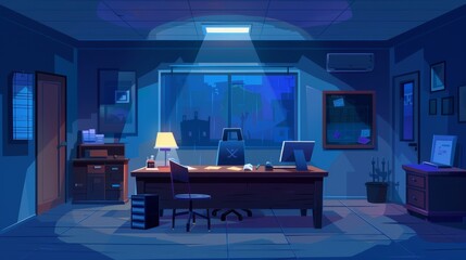 In a police department office at night, there is an empty dark room with a desk, a laptop, a lamp, and a window to an interrogation room. This is a modern cartoon illustration shows a police