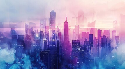 abstract watercolor painting of urban cityscape with skyscrapers double exposure 3d illustration
