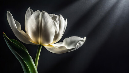 Minimalistic white spring tulip flower on solid black background. Floral wallpaper, banner.