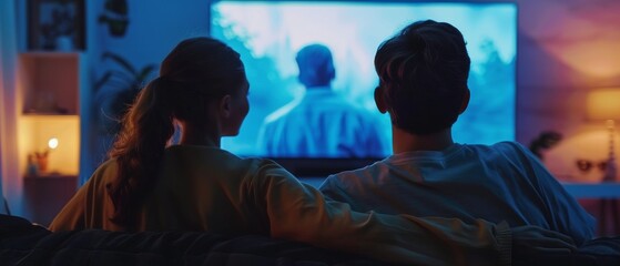 Watching the latest blockbuster on the flat screen television. Man and woman using home theatre system to stream movie or show at home.