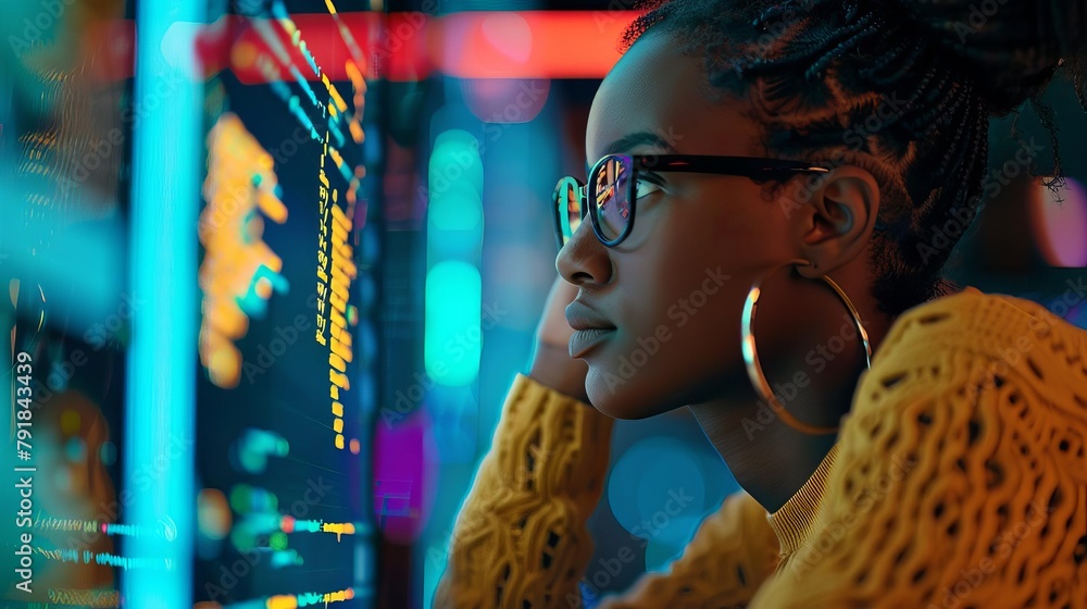 Aufkleber african american female programmer analyzing code on screen focused software developer digital illus