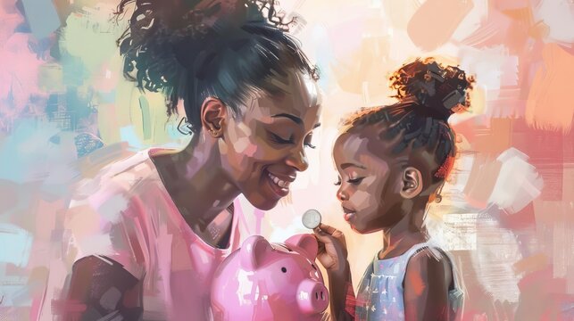 african american mother and daughter saving money cute girl putting coin in piggy bank digital painting