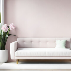White wall empty room with plants on a floor, Cabinet wooden minimal japanese design on room, Interior wall mockup with empty white wallpink sofa, Free photo plant against a white_wall mockup.