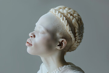portrait of a beautiful albino woman on a gray background - obrazy, fototapety, plakaty