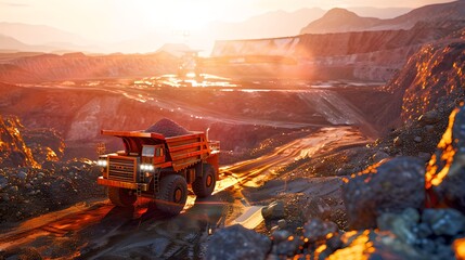 Vibrant Sunset at Mining Site with Large Haul Truck in Action. Capturing Industrial Progress in a Natural Setting. Stock Image for Commercial Use. AI