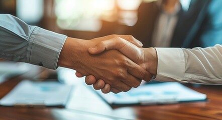 Two people shaking hands in a business meeting. Scene is professional and formal. The handshake symbolizes agreement and trust between the two individuals - obrazy, fototapety, plakaty
