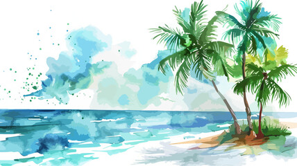 Fototapeta na wymiar Beach Palm Trees Caribbean Island Travel Vacation Colorful Watercolors Vector