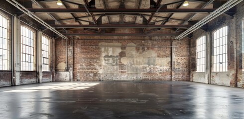 A large empty room with a brick wall and a window. The room is empty and has a very industrial feel - obrazy, fototapety, plakaty