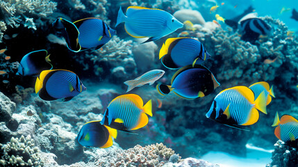 School of tropical fish swim around the coral reef