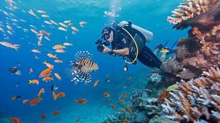 Scuba diver holding an underwater camera, photographing colorful fish, lionfish and coral reefs in the Red Sea