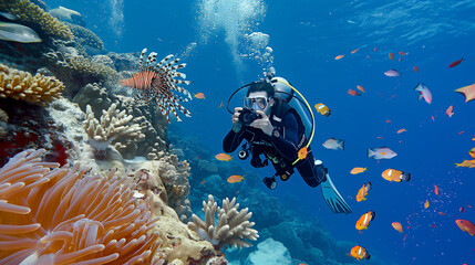 Scuba diver holding an underwater camera, photographing colorful fish, lionfish and coral reefs in the Red Sea