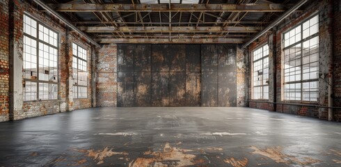 A large, empty room with a brick wall and a metal ceiling. The room is bare and empty, with no furniture or decorations. The space has a sense of emptiness and loneliness - obrazy, fototapety, plakaty