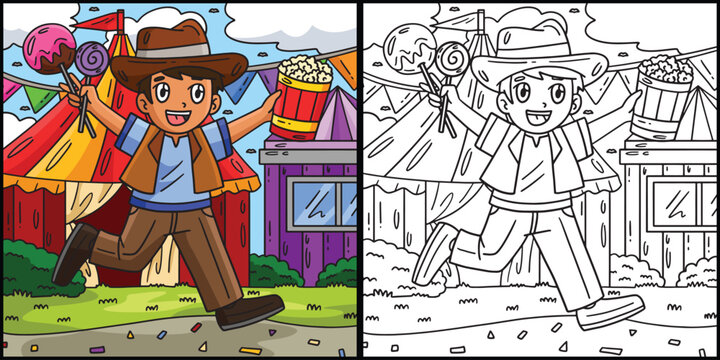 Child with Circus Treats Coloring Illustration
