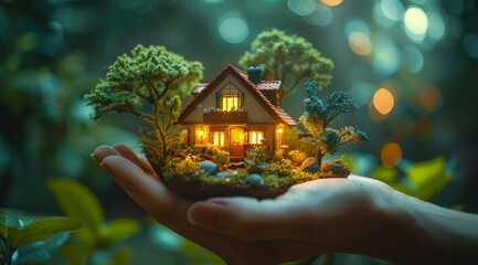 A hand holding a miniature house with a tree in front of it