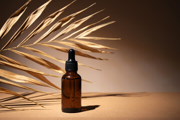 Dropper cosmetic oil bottles with dry palm leaf. Natural organic cosmetic, eco lotion, essence, serum. Aromatherapy.