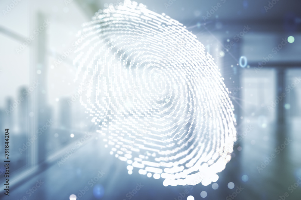 Poster Multi exposure of virtual abstract fingerprint illustration on abstract empty interior background, digital access concept