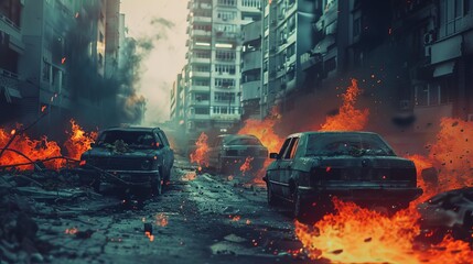 burning cars in postapocalyptic city street wartorn disaster scene digital art - obrazy, fototapety, plakaty