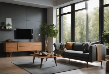 sofa window living cabinet modern room wooden apartment Created grey design Studio Interior