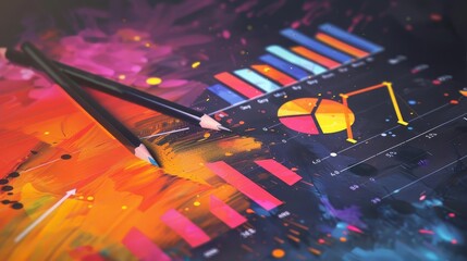 business graph with colorful data visualization on financial report digital painting